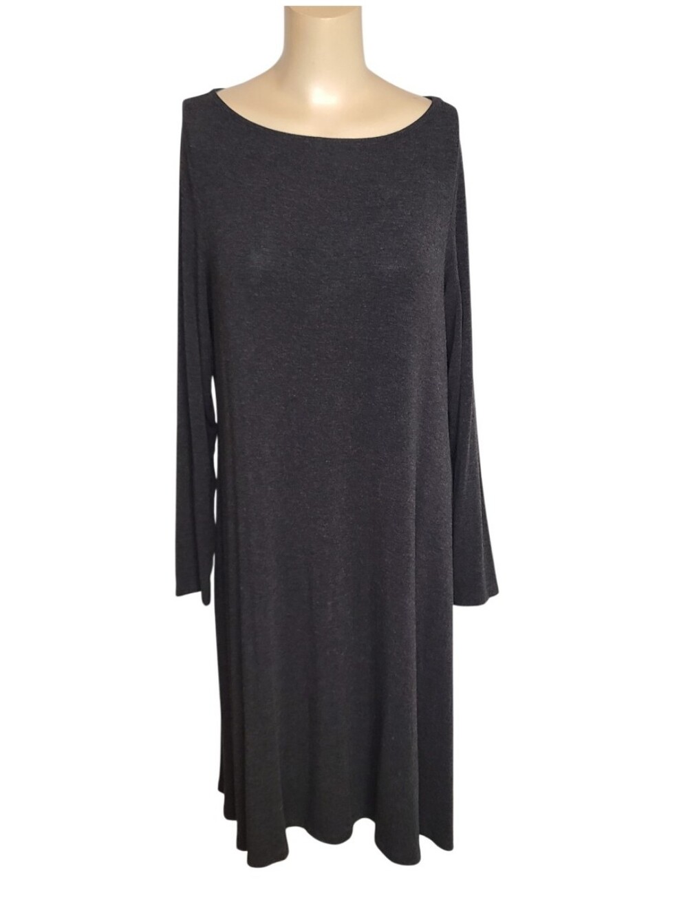 Eileen Fisher Dark Gray Viscose Spandex Jersey Long Sleeve Midi Dress Size M